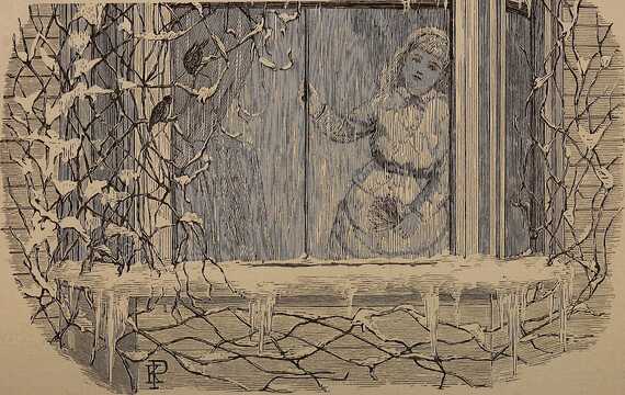 An image of a girl staring through window glass out onto a frozen, wintry scene.