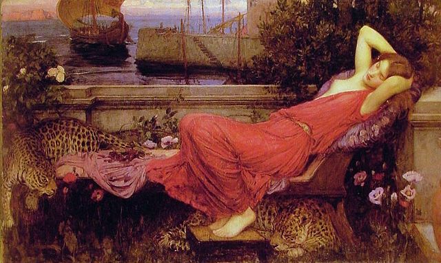 Ariadne reclines on a stone seat. Her scarlet robe is askew, revealing one breast. there are leopards at her feet and lying beside her. Beyond, we see a harbor.