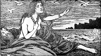 We see a woman in a seaside scene with waves breaking on a beech and gulls behind her, staring off into the distance with an outstretched arm and hand to heart.