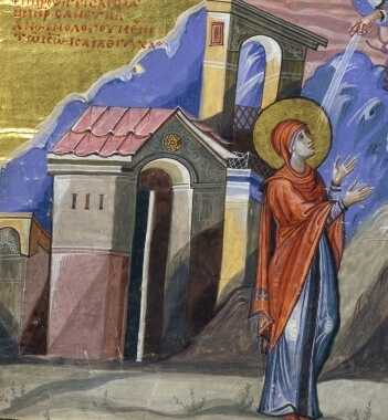 Hannah, Elkanah's wife and Samuel's mother, is shown standing with her hands raised to heaven and a halo around her head, praying.