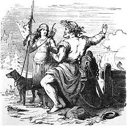 A male figure in a straw hat gestures vigorously with one hand, facing a woman carrying a spear, a hunting dog at her feet.