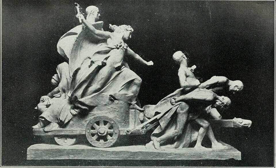 In a chariot being pulled by desperate slaves, a woman who looks like a goddess raises her whip, while her guard stands by and watches.