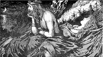 Skadhi sits bare-shouldered in this woodcut, framed against a moonlit forest sky, with long hair and a blanket cast over his legs, staring into the distance.